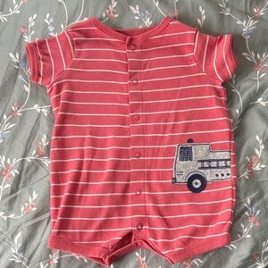 Child of Mine Red and White Striped Bodysuit with Fire Truck